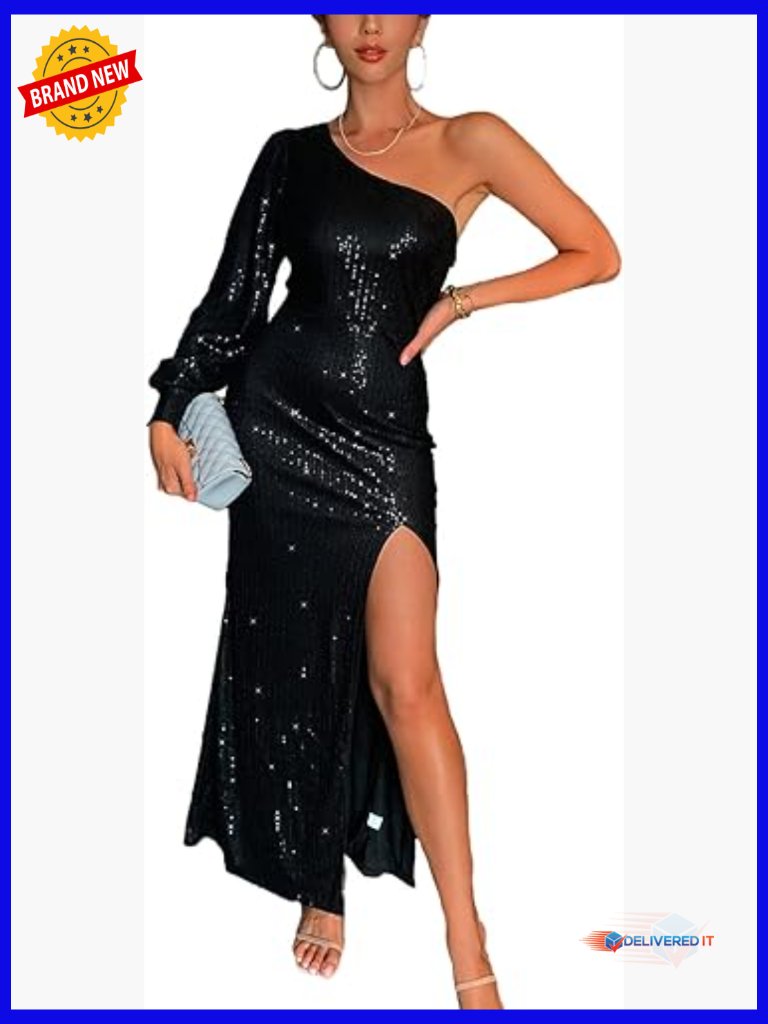 Sequin One Shoulder Long Sleeve Maxi Dress Bodycon Evening Gown